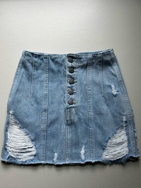CARMAR Denim Distressed Button Front Mini Skirt Size 23 Light Wash Raw Hem